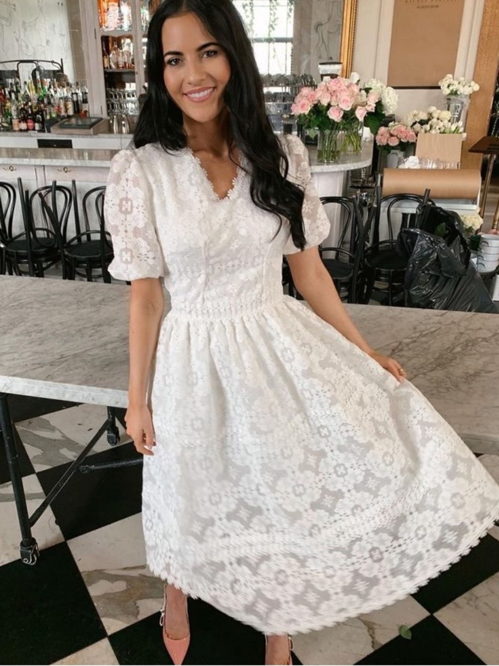 NEW Rachel Parcell White V-Neck Lace Midi Dress Puff Sleeve